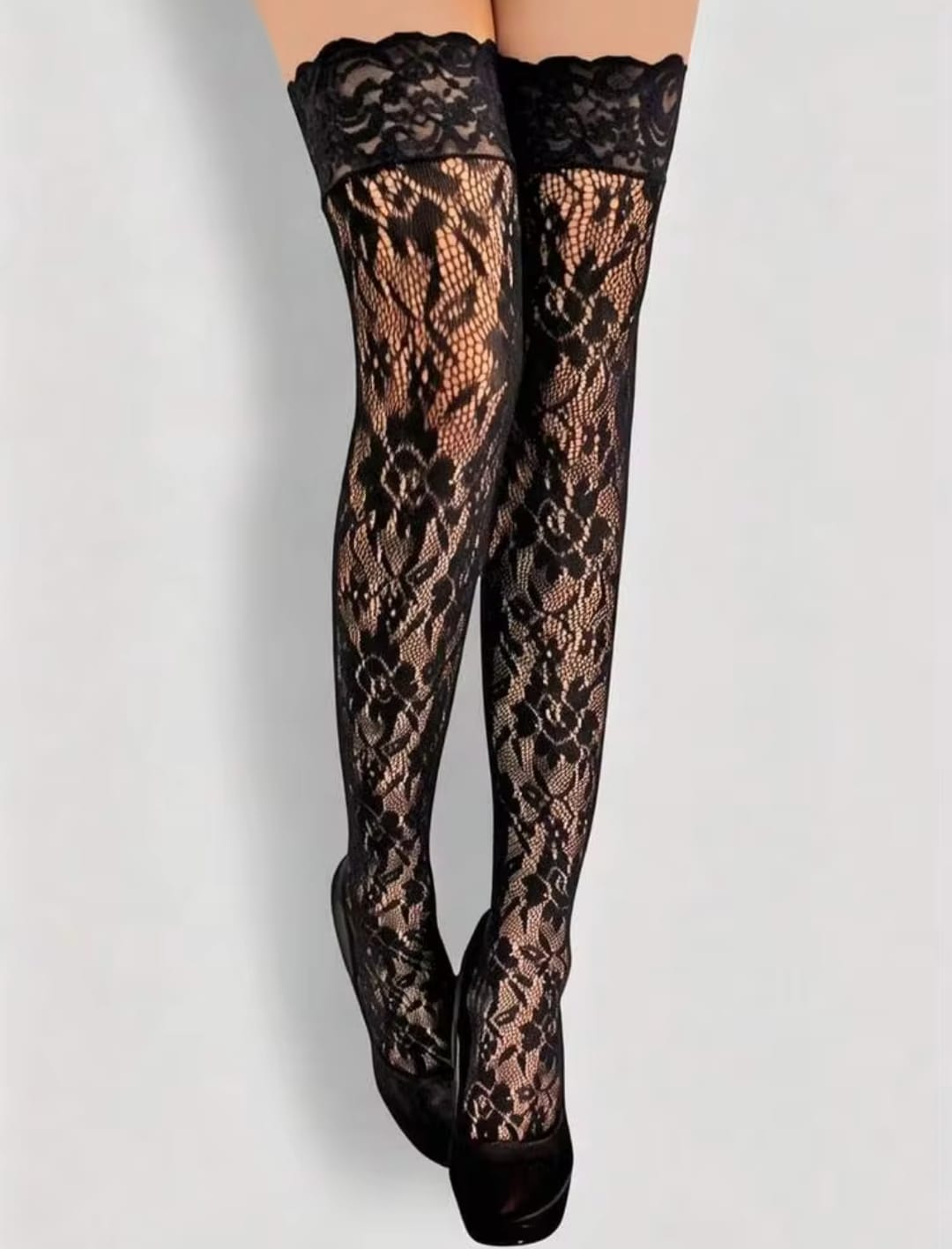 Women’s Black Lace Over-the-Knee Thigh-High Stockings – Sheer Floral Pattern Stretch Hosiery